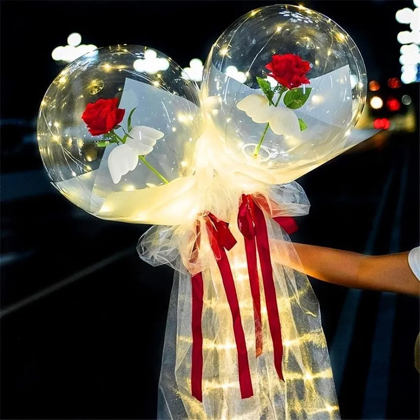 LED発光バルーンローズブーケ透明ボボボールローズバレンタインデーギフト誕生日パーティー結婚式の装飾風船HHE4144