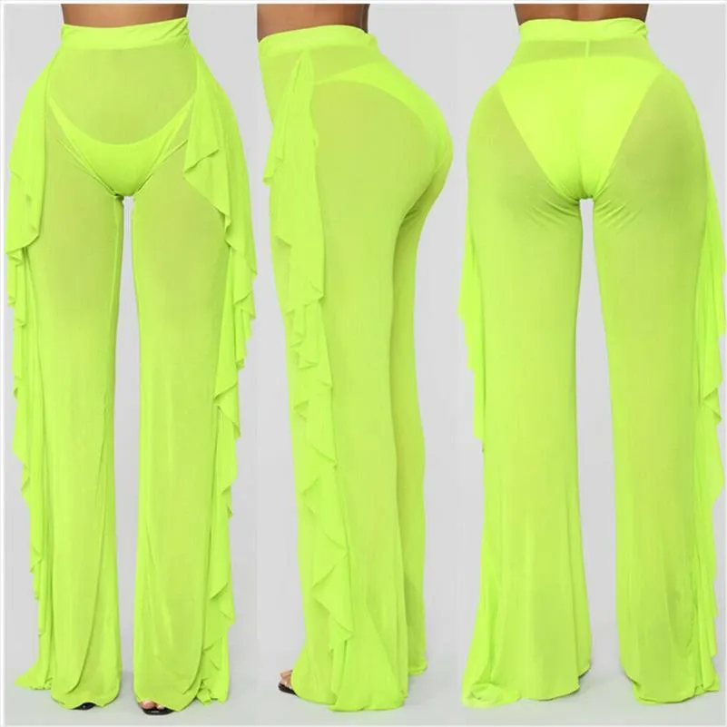 Sexy Ruffle Women Beach Mesh Pants Sheer Wide Leg Pant Transparent See ...