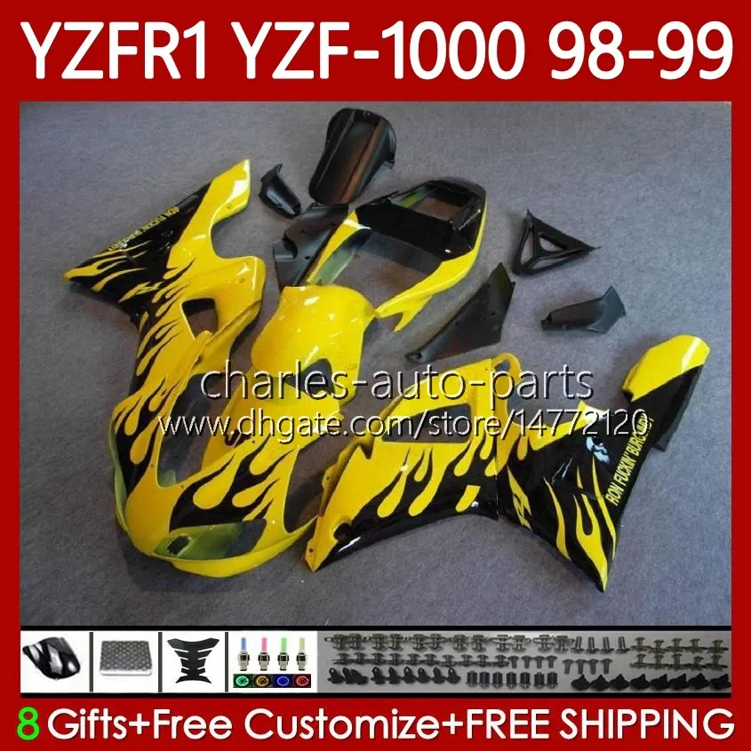 Carroceria da motocicleta para YAMAHA YZF-R1 YZF1000 YZF R 1 1000 chamas negras CC 98-01 Corpos 82No.