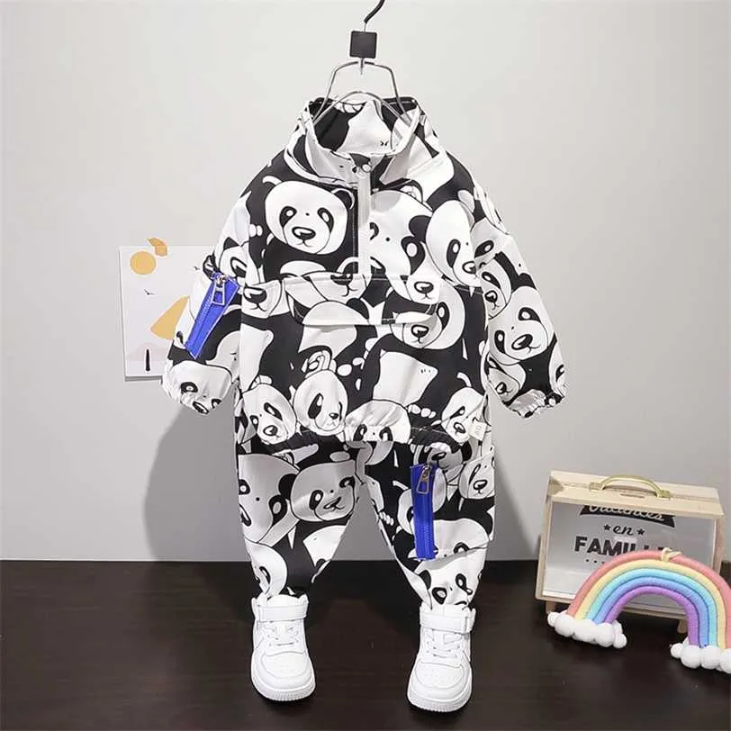 Bonito Menino Cute Panda Cópia Completa Conjunto De Bolso Pullover Tops + Calças 2 PCS Sets Kids Spring Outono Causal Tracksuit 211224