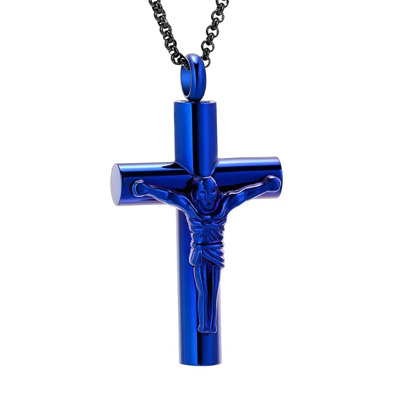 Ijd11129 edelstahl ure stahl 2 größe blau jesus cross holdake memorial anhänger halskette für asche urn schmuck
