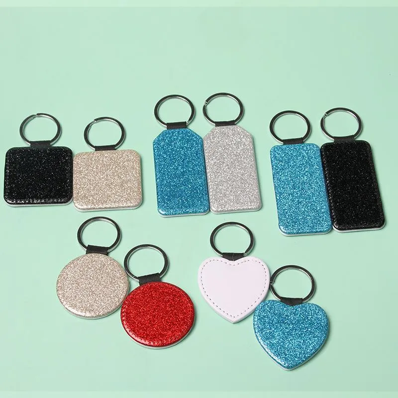 NEWParty Favor PU Leather Sublimation Sequin Keychain 5 Shapes DIY Glittery Keyring back is white Heart Shape Lover Gift Key Ring DH9477