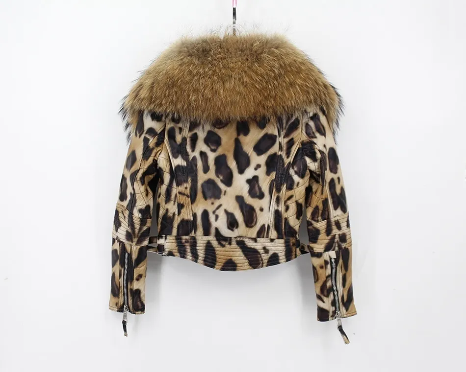 natural sheep leather jacket big fur collar leopard color (3)