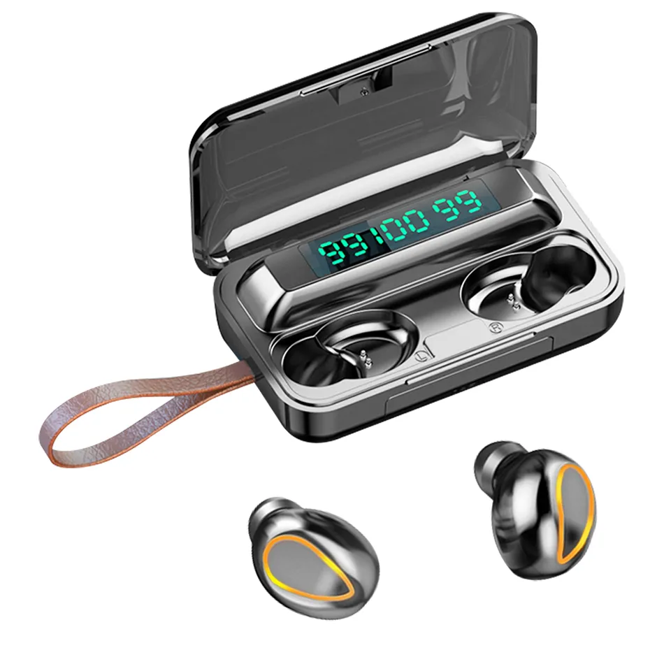 F9 Draadloze oortelefoon Bluetooth-hoofdtelefoon met LANYARD LED Digital Display Sports Stereo Draadloze Headset met Detailhandel