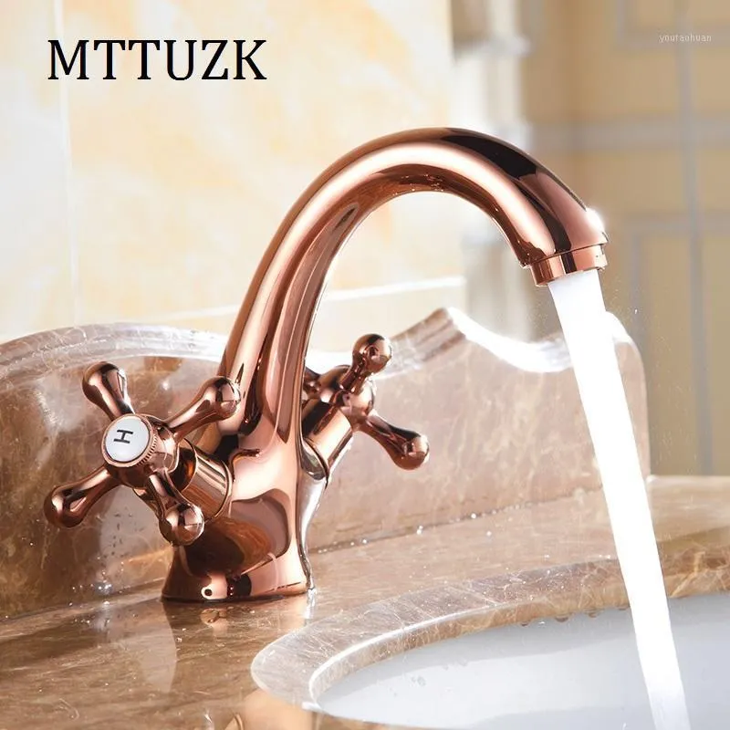 Bathroom Sink Faucets MTTUZK European Long Neck Rose Gold Brass Sitting Mounted 2 Holder Single Hole Basin Faucet Cold Mixer Tap Faucet1