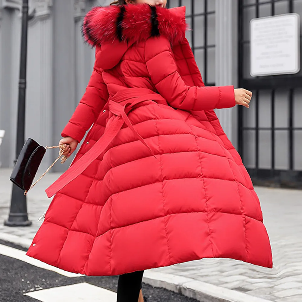 Mujer Larga Parka Cuello Piel Abrigo Abrigo Cálido Slim Chaqueta