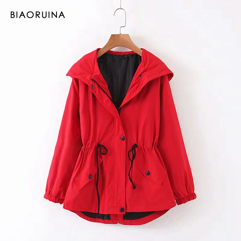 BIAORUINA femmes couleur unie décontracté Street Style cordon Slim taille haute à capuche Trench Coat surdimensionné mode vêtements d'extérieur 201031