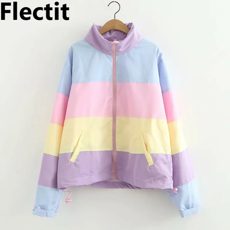 Flectit Women 파스텔 레인보우 폭격기 자켓 귀여운 컬러 블록 살포기 기념품 Sukajan Windbreaker Girls 하라주쿠 파스텔 고스 * 201028