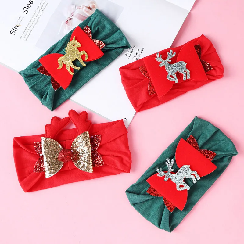 10 Styles Baby Headbands Christmas Hair Accessories Deer Bow Cartoon Applique Handmade Nylon Hair Bands Children Girls Headwear M3108