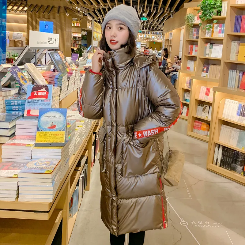 Winter Lange Jacke Für Frauen Stehkragen Parka Weibliche Mit Kapuze Mantel Mit Glänzendem Stoff Lange Warme Baumwolle Gepolstert 201225