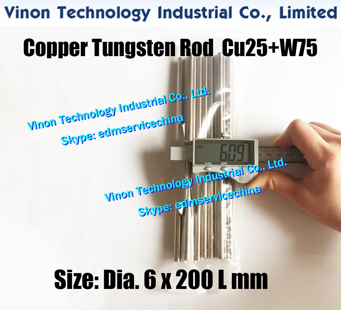 (5PCS PACK) Dia. 6.0x200mm Copper Tungsten Rod W75 (Copper 25%+Tungsten 75%), Spark Erosion Tungsten Copper Alloy Electrode Round Bar 6mm