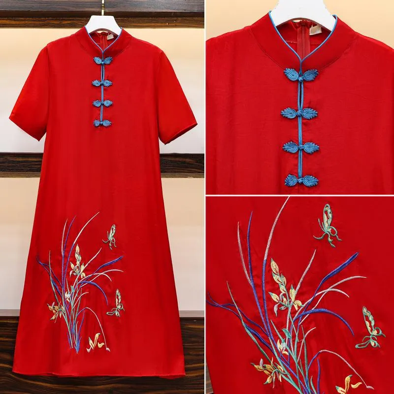 Ethnic Clothing 2021 M-4XL Plus Size Vintage Red Embroidery Chinese Traditional Qipao Casual Party Women Midi Dress Summer Cheongs3133