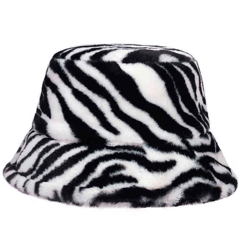Women Fisherman Hat Ladies Winter Warm Fur Hats Girls Black White Striped panam Hats Zebra Printed Faux Fur Bucket Hats gorras Y220301