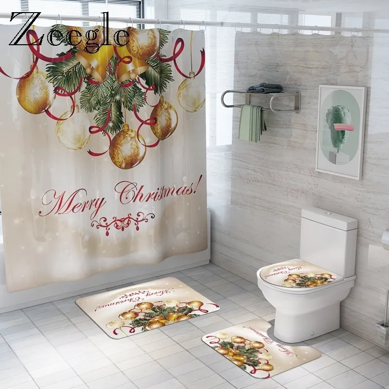 Zeegle Merry Christmas Toilet Rug Set with Shower Curtain Polyester Bathroom Mat Set Non-slip Toilet Soft Foot Mat Bath Doormat