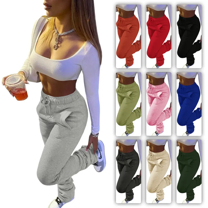 Women Stacked Sweat Pants Designer Slim Solid Colour Sports Casual Drawstring Trousers Stack With Pockets Ladies New Fashion Leggings 123