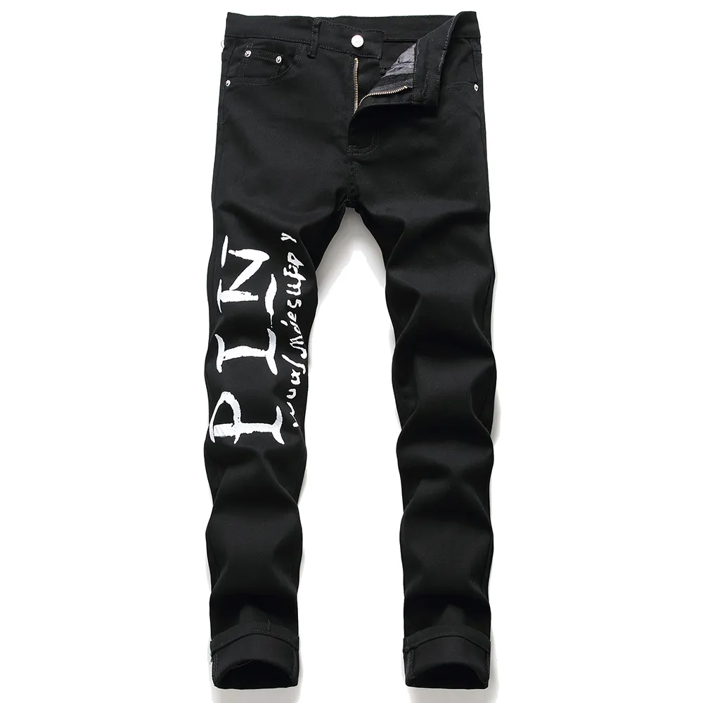 American Street Style Fashion Men Jeans Black Slim Fit Designer Tryckta Jeans Män Stretch Punk Pants Hip Hop Jeans Homme