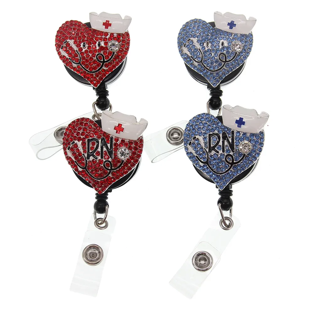 10st/Lot Nyckelringar utdragbara sjuksköterska Tillbehör Medicinsk emalj Rhinestone Crystal Love Heart Rn Shape ID Badge Reel Holder With Clip for Decoration