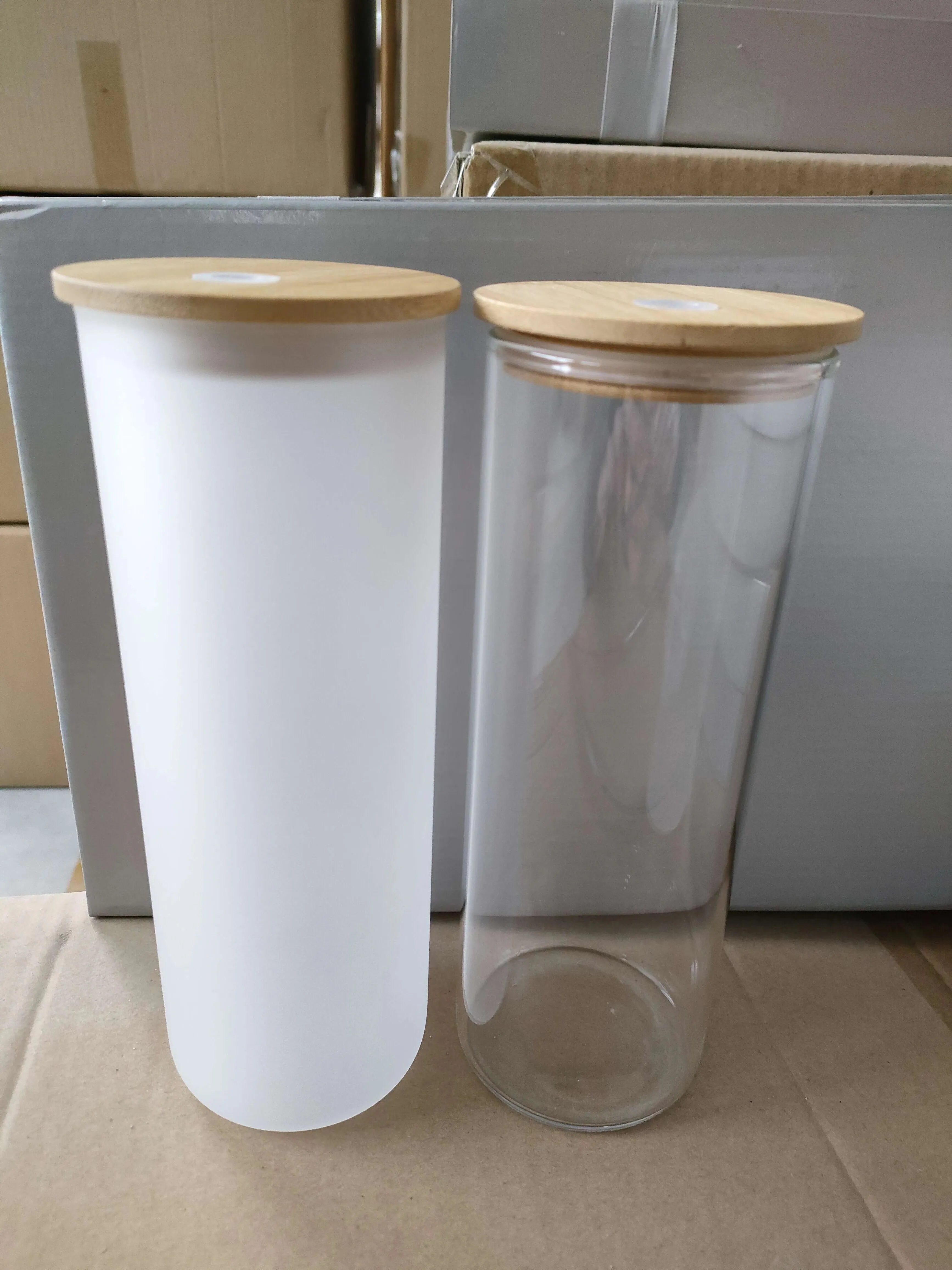 25oz Сублимационные очки Tumbler Clear Cleared прямые стеклянные стеклянные точечные чашки с бамбуковой герметизирующей крышкой многоразовая пластиковая соломенная прозрачная содовая напитка питьевая бутылка