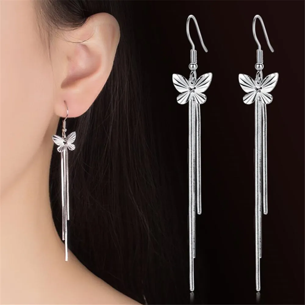 Мода обаяние длинные секционные серебряные кисточка 925 стерлингового серебра женщины женские уха