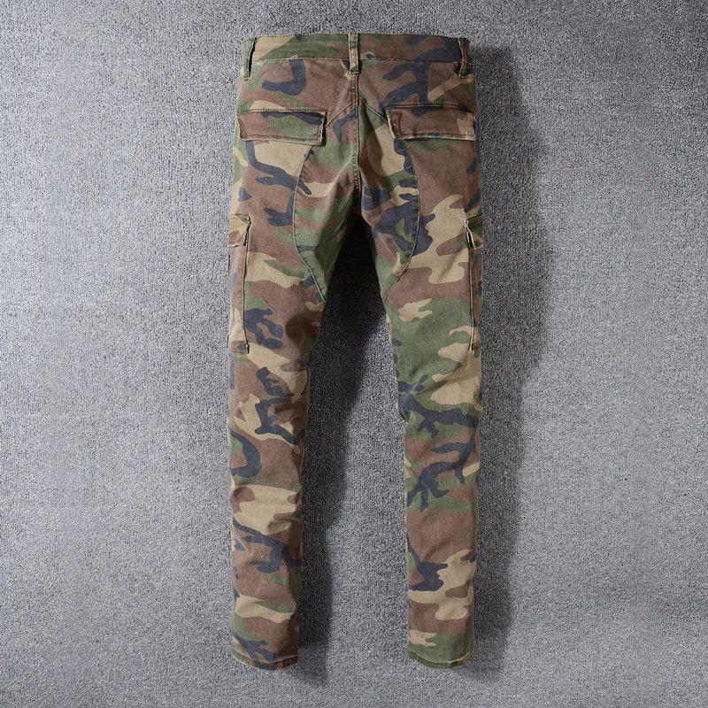 Americano streetwear moda masculina jeans camuflagem militar grande bolso denim calças de carga rasgado fino ajuste hip hop jean2983