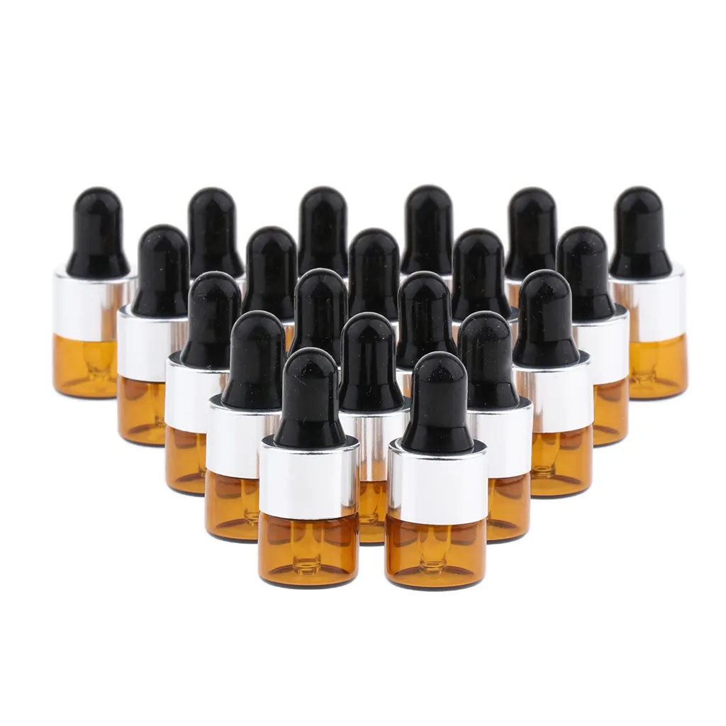 20 Pack Refill Empty Mini Amber Glass  Oils Dropper Bottles Jars, 1ml, for Cosmetic Perfume Sample Liquid Makeup