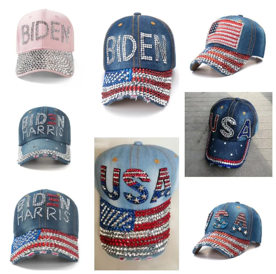 Cappello da baseball Biden con strass di cristallo Cappellino regolabile con visiera in denim Snapbacks Shine Diamond Biden Harris Bandiera USA Copricapo da cowboy E111802