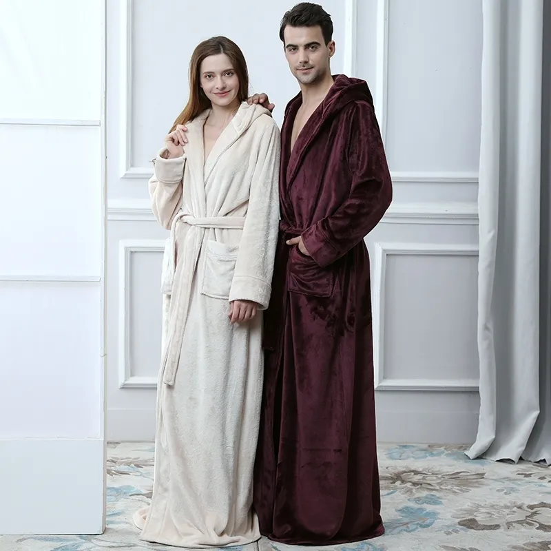 Hommes Hiver Chaud Épaissir Extra Long À Capuche En Molleton De Corail Peignoir Kimono Flanelle Robe De Bain Nuit Robe De Chambre Femmes Vêtements De Nuit 210203