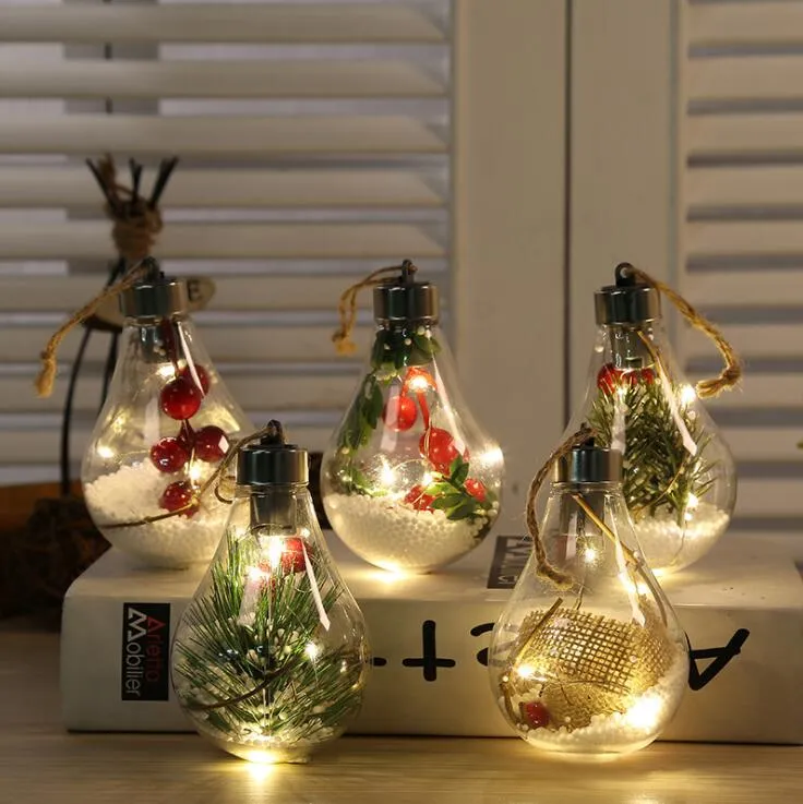 LED Trasparente Palla di Natale Decorazioni per l'albero di Natale Ciondolo Luci a led Palline di lampadina in plastica Decorazioni natalizie per le vacanze 5 Stili YL1363