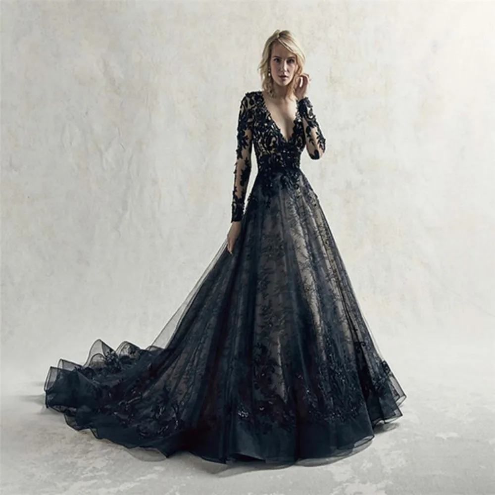 Vintage Gothic Black Lace Black Lace wedding dress with Long Sleeves, Sexy Backless Design, Deep V-Neckline, and Deep Straps - Perfect for Country