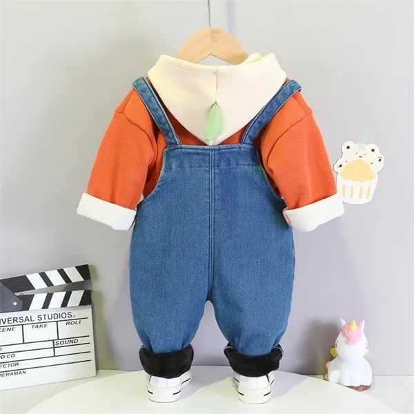 HYLKIDHUOSE Winter Baby Girls Boys Clothing Sets Warm Plush Hooded Tops Overalls Toddler Infant Clothes Children Kids Costume