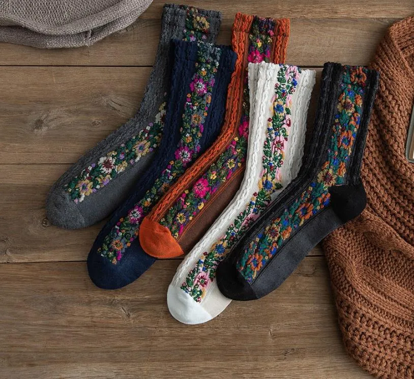 Vrouwen Vintage Katoenen Sokken meisjes Retro Winter Thermische Warme Laars Sokken Etnische Stijl Bloemenpatroon Zacht