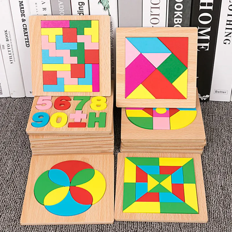 Trä geometriska leksaker former kognition montessori pussel brädet 3d tangram matematik jigsaw spel lärande utbildning leksaker för barn gåvor