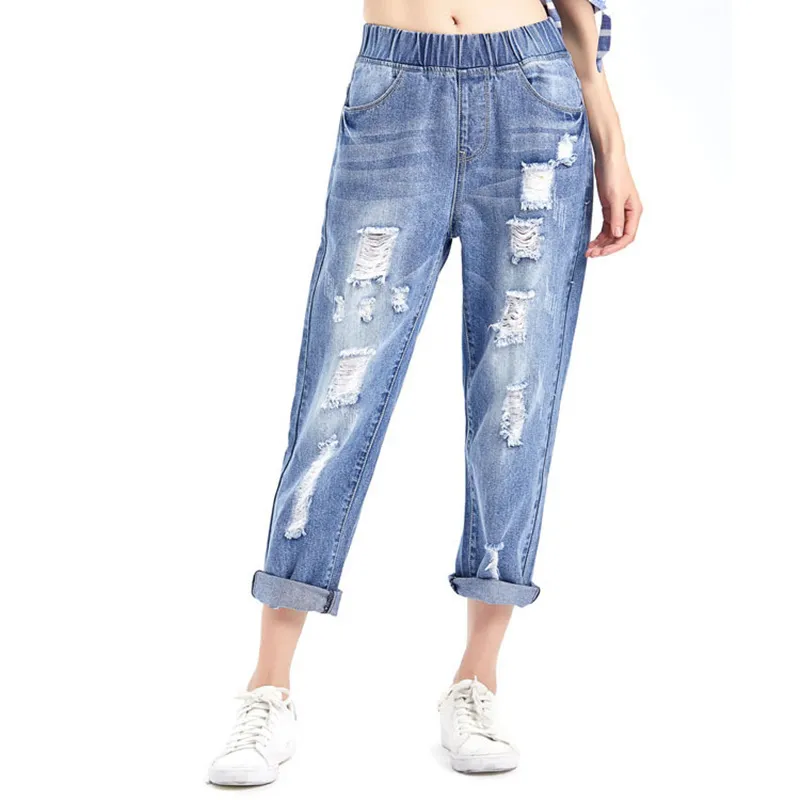 Zerrissene Jeans für Frauen mit hoher Taille, lockerer Weichmacher, Übergröße, hellblau, knöchellang, Denim-Haremshose, LJ201013