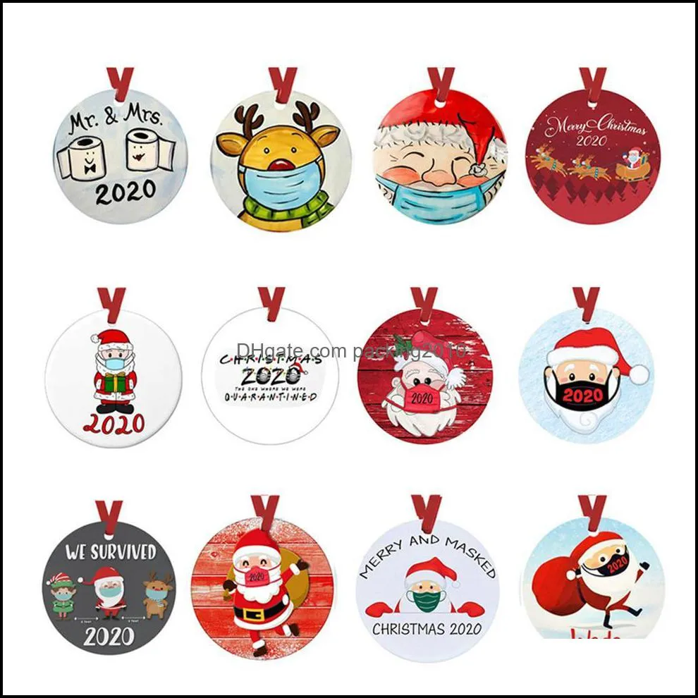 30style Ceramic Christmas Ornaments 3 Inch Round Tree Pendant Santa Wearing a Mask Decorations DHL Free a21