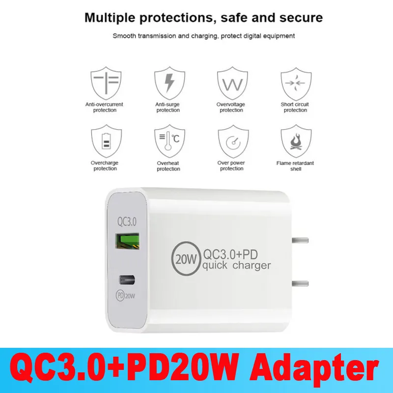 20W PD QC 3.0 Dual USB-laddare Snabbladdningsadapter EU US-kontakt Typ C Fast laddare Power Delivery Mobiltelefon