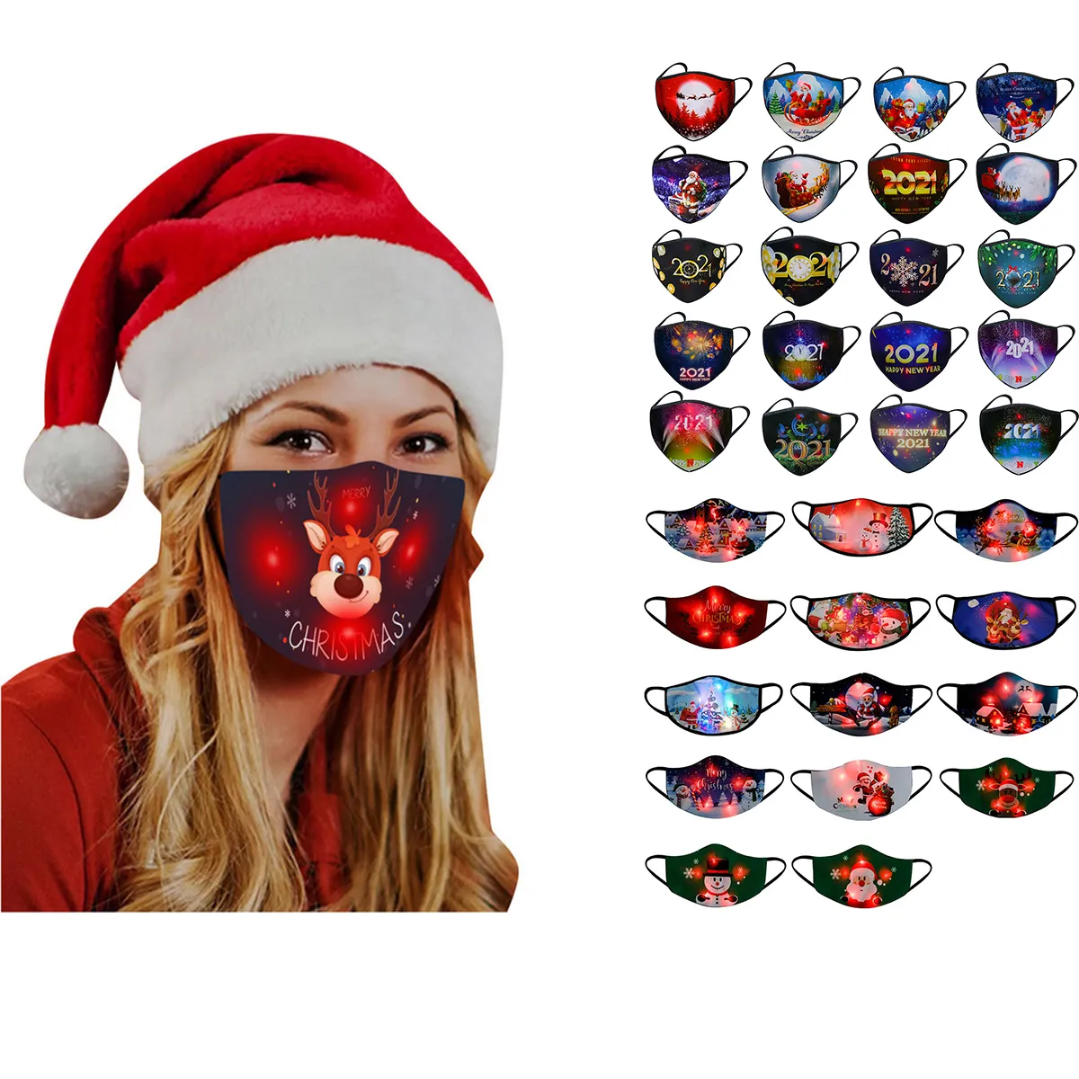 Julljusmask Santa Claus Elk Party Cartoon Printing LED upplyst ljusmaske designer ansiktsmasker W-00495