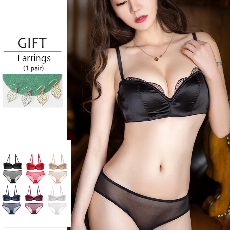 French Satin Women Bra And Panty Set Lingerie Sexy Plus Size C D Cup Thin Cotton Push Up Lace Girls Underwear Women's Brassie189W