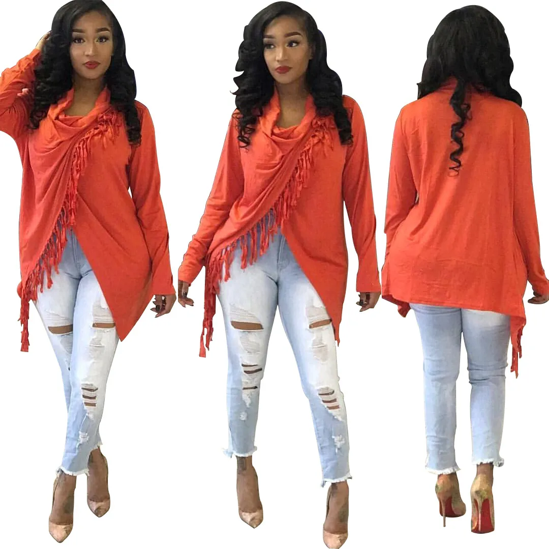 Pure Color Fringed T-shirt With Irregular Slits Long-sleeved Round Neck Top