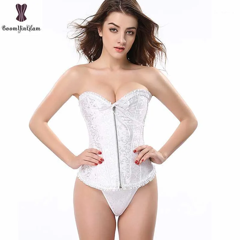 Bustiers Korsetts Reißverschluss Schnürung Weiß Brautkorsett Vollbrustkorsett Dessous Sexy Hochzeit Bustier Corsage Floral Elastisch ohne Knochen Korset Wa