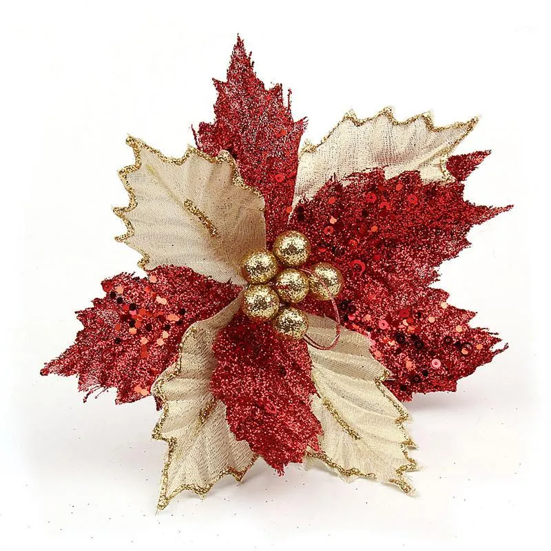 Juldekorationer 5pcs / parti 2021 22cm Glitter Poinsettia Artificial Flowers Tree Ornament Merry Party Supplies1