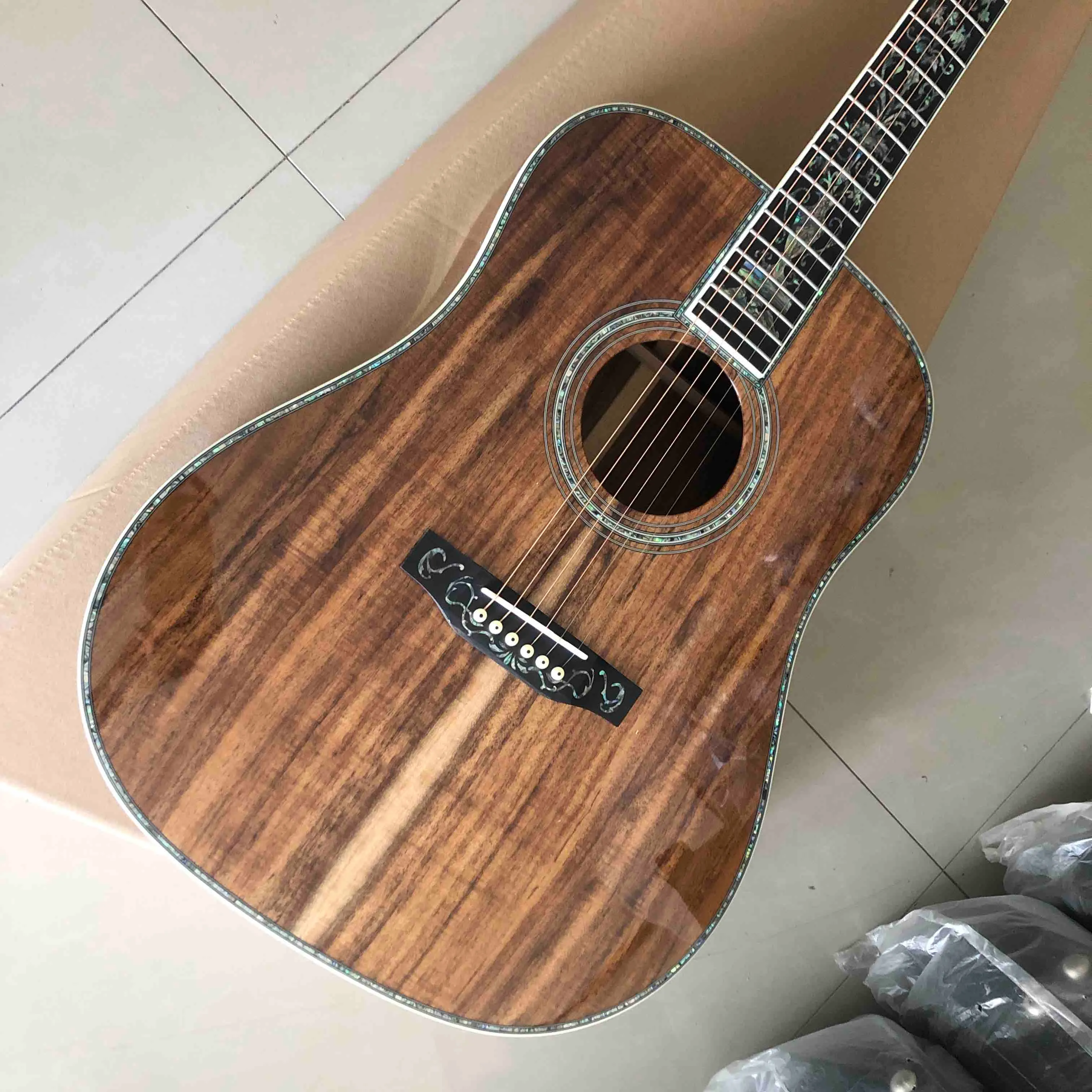 Custom Real Abalone Tree Life Inlays Solid KOA Wood Top Acoustic Guitar D Body 41 Inch Ebony Fingerboard