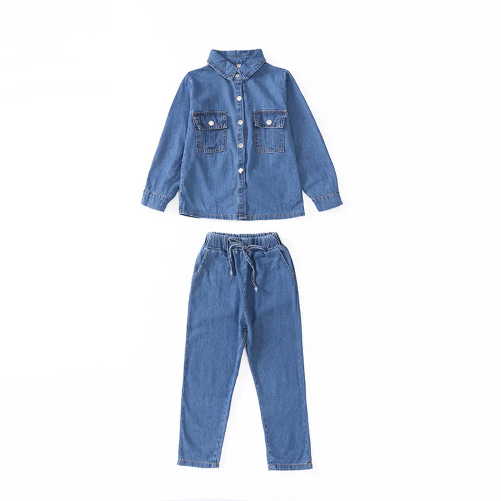 Denim Kids Clothing Set Casual Children Two Piece Suit Solid Blue Jeans Tops +Pants Teenage Girl Set Spring Autumn Tracksuit J1204