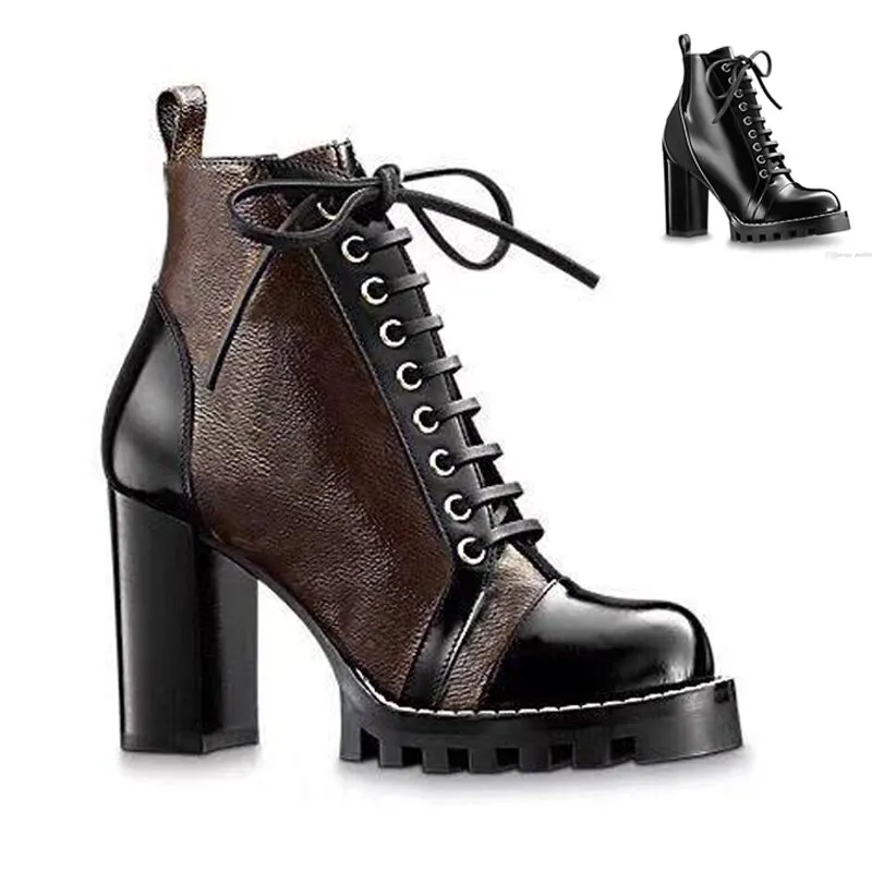 High heeled boots Autumn winter Coarse heel women shoes Desert Boot real leather zipper letter Lace up Fashion lady Thick heeled Heels Large size