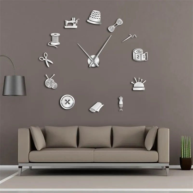 Reloj de pared Espejo Máquina de coser Cuarzo moderno Horloge Retro Wathces Relogio de parede Tailor DIY Extraíble 3D Acrílico Tiempo LJ201211