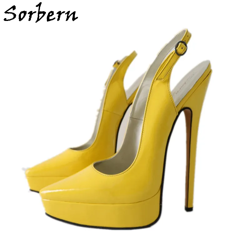 Sorback Yellow Shiny Women Slingback 펌프 신발 지적 발가락 크기 US12 플랫폼 여름 신발 20cm 하이힐 맞춤 색상