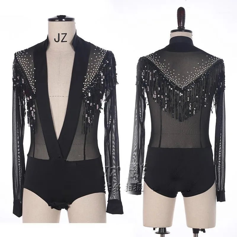 Scen ha på sig glänsande rhinestone latin dans topp v-neck men skjortor balsal dans kläder manlig professionell tävling dancewear1