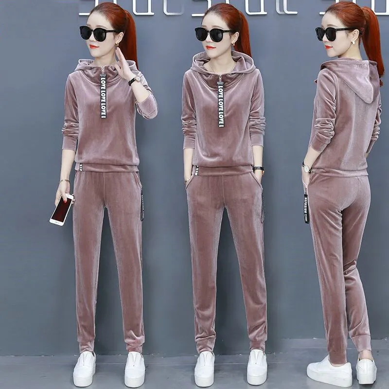 New 2019 Velvet Pink Velour Tracksuit Set For Women Loose