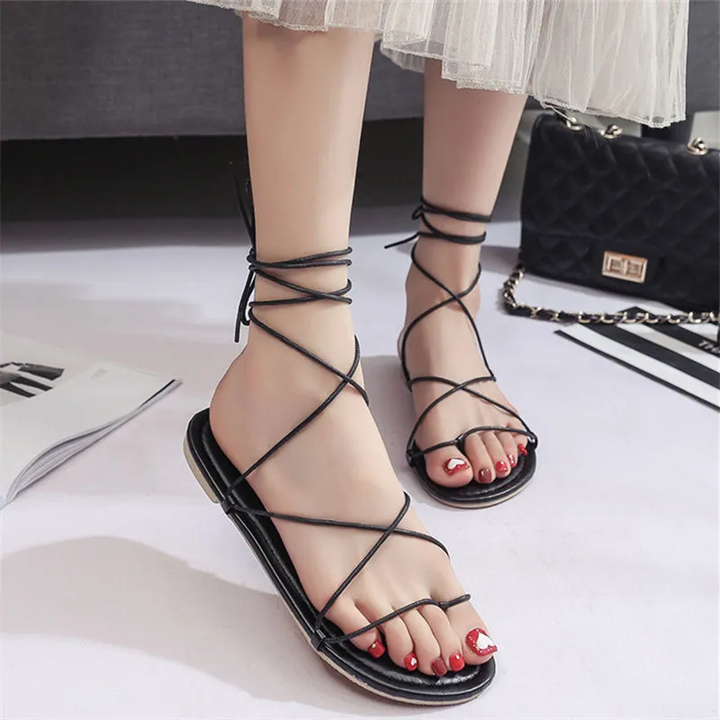 Designer-College girl sandals women's new summer flat strap sandal sexy lace up sandals shoe narrow band open toe simple