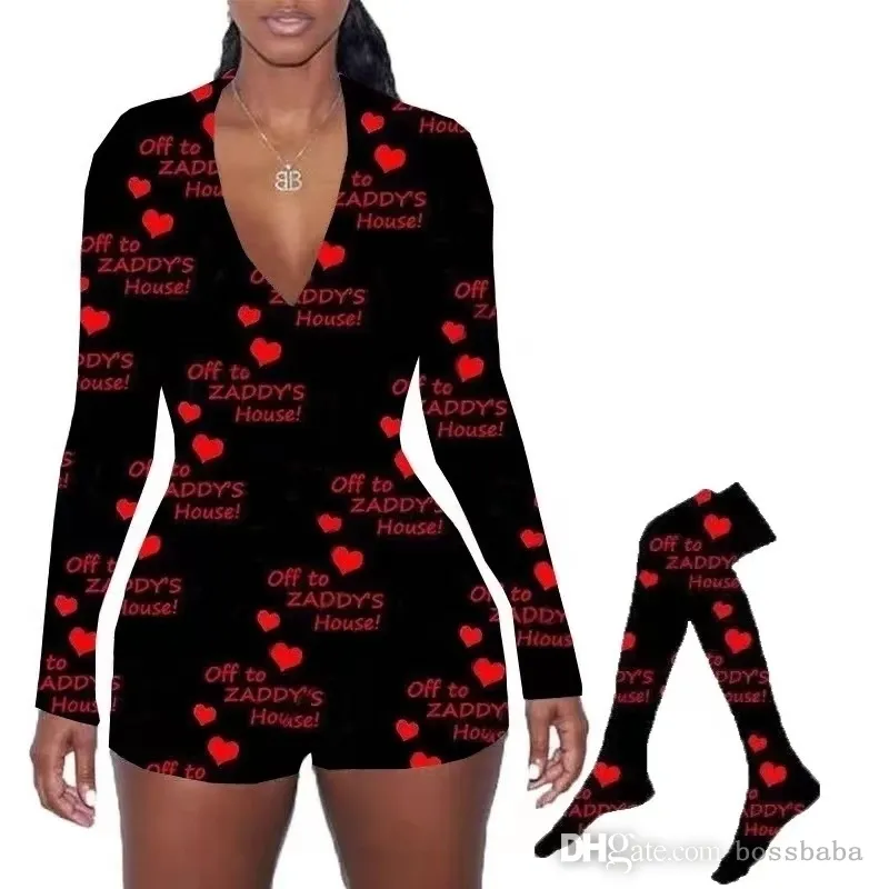 Tute da donna per San Valentino con calzini Nuovi pantaloncini a maniche lunghe stampati con scollo a V Abbigliamento da casa da donna S-XXL