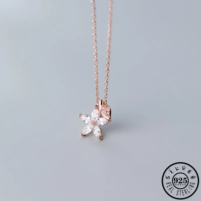 925 Sterling Silver Luxury Cubic Zirconia Flower Leaf Shape Pendant Rose Gold Color Plated Chain Party Necklaces for Women Q0531